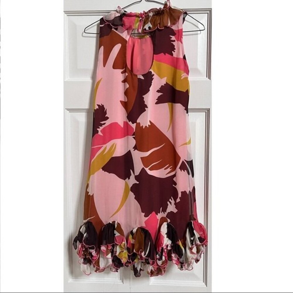 Milly of New York Silk Bold Botanical Print Ruffled Hem Dress 4 - Picture 9 of 10